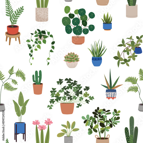 Houseplants in flowerpots seamless pattern. Trendy potted plants on a white background. Home decor flowers in pots. Flat vector illustration for packaging, textile or wallpaper.