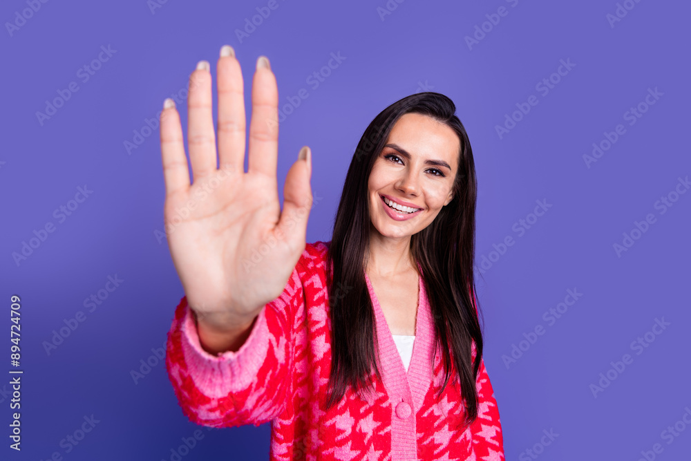 Photo of lovely cheerful woman wear trendy print clothes showing palm arm isolated on purple color background