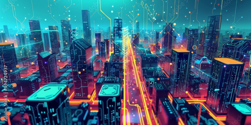 Futuristic Smart Cyber City illustration: Innovative Urban Landscape, futuristic technology and cyber punk concept, Graphic Resources, Wallpapers, Brochure, Websites, banner, Advertising, background Futuristic Smart Cyber City illustration: Innovative Urban Landscape, futuristic technology and cyber punk concept, Graphic Resources, Wallpapers, Brochure, Websites, banner, Advertising, background