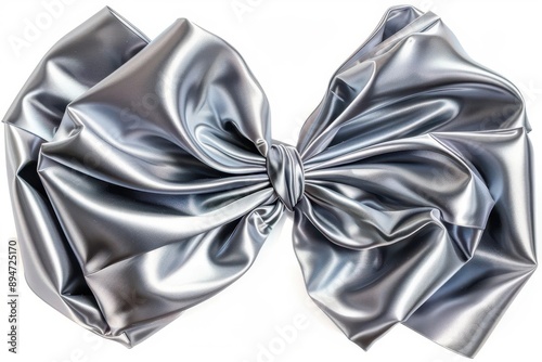 Shiny silver metallic bow with intricate folds and elegant design, perfect for festive decorations and gift wrapping. photo