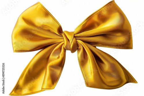 Elegant golden ribbon bow with a luxurious, smooth texture, perfect for gift wrapping, decorations, or festive occasions.