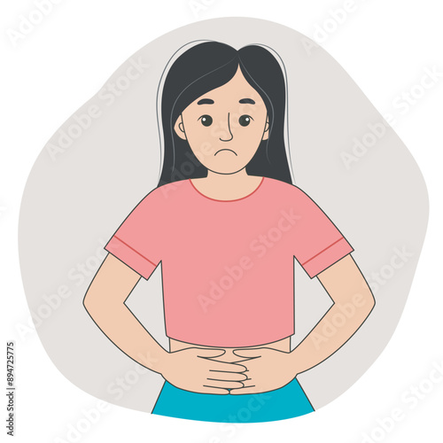 Young woman is holding her belly and experiencing stomach pain. Cute sad girl has stomach or intestinal problems, vector graphic