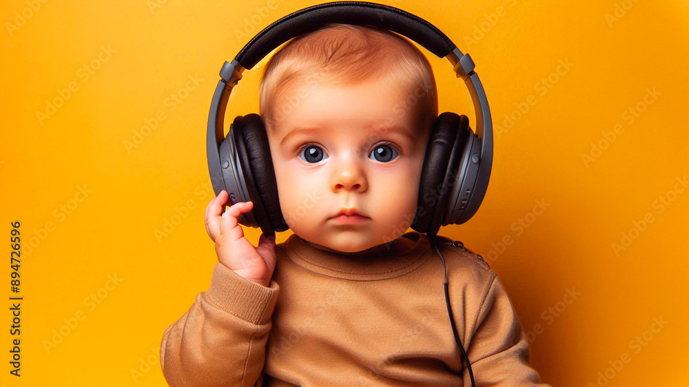 Portrait of baby wearing headphones isolated on yellow background Portrait of baby wearing headphones isolated on yellow background