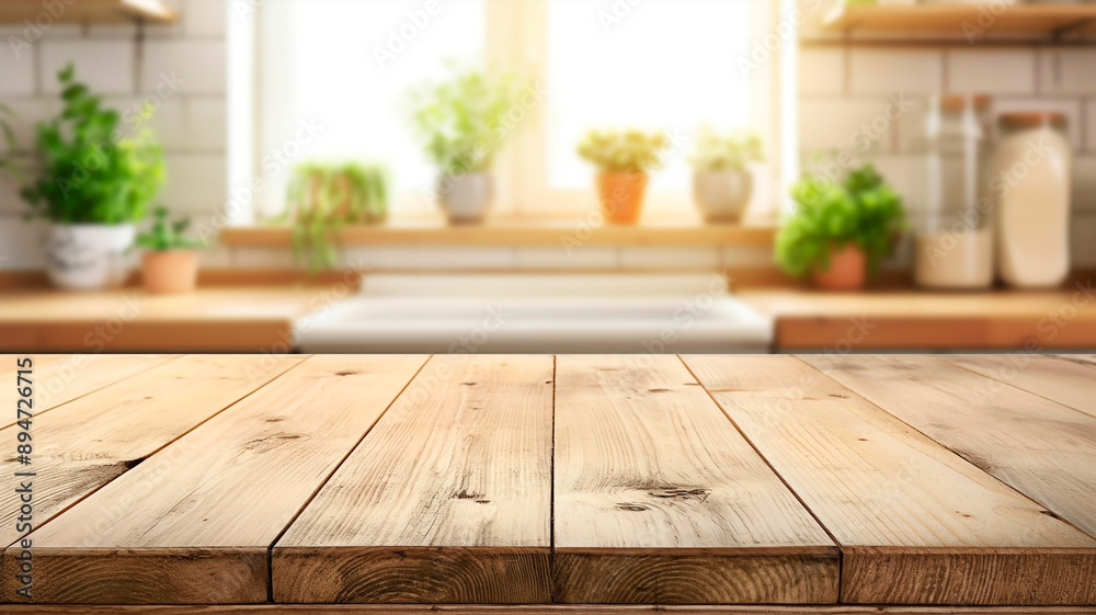 A bright kitchen interior with empty wooden table surface for product display. Cozy kitchen ambiance mockup. A bright kitchen interior with empty wooden table surface for product display. Cozy kitchen ambiance mockup.
