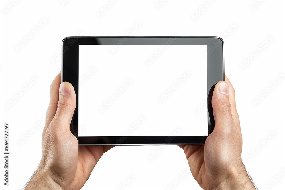 Male handheld tablet computer has a blank white screen and a transparent background. Screen display for mockup.
Male handheld tablet computer has a blank white screen and a transparent background. Screen display for mockup.