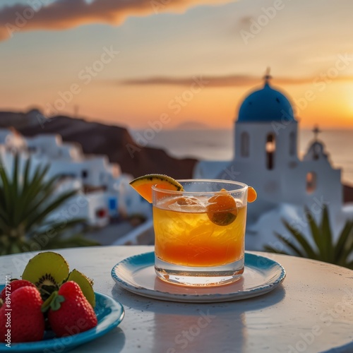 Tropical cocktail with blue-rimmed glass, orange drink, and fruit garnish with turqoise rim salt next to a Summer Cake in the same pallete. Coastal sunset backdrop with sparkling bokeh effect in foreg photo