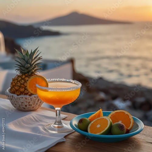 Tropical cocktail with blue-rimmed glass, orange drink, and fruit garnish with turqoise rim salt next to a Summer Cake in the same pallete. Coastal sunset backdrop with sparkling bokeh effect in foreg photo