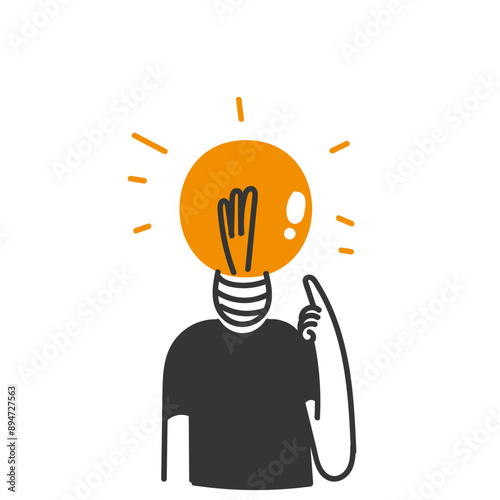 hand drawn doodle person with light bulb head thinking