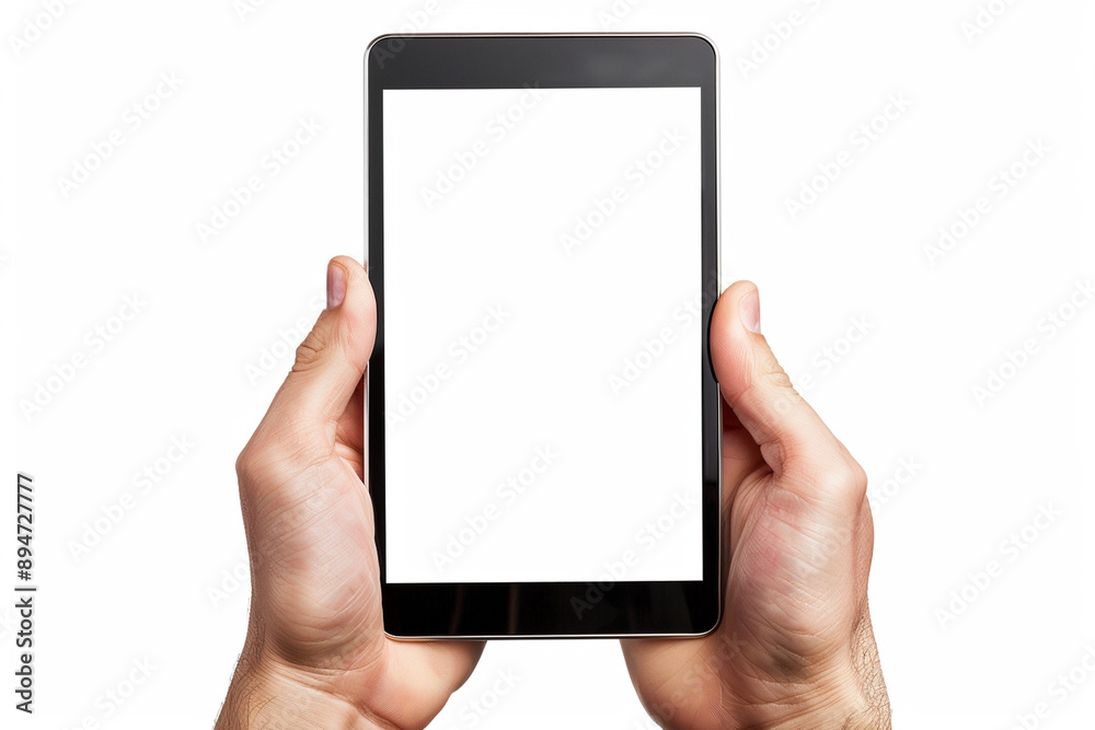 Male handheld tablet computer has a blank white screen and a transparent background. Screen display for mockup.
Male handheld tablet computer has a blank white screen and a transparent background. Screen display for mockup.