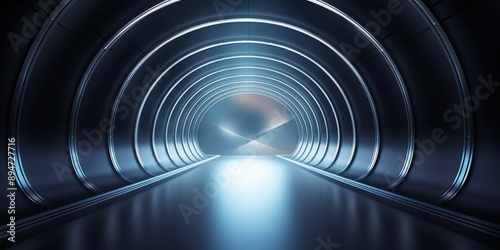 futuristic iron tunnel with view to bright sky.