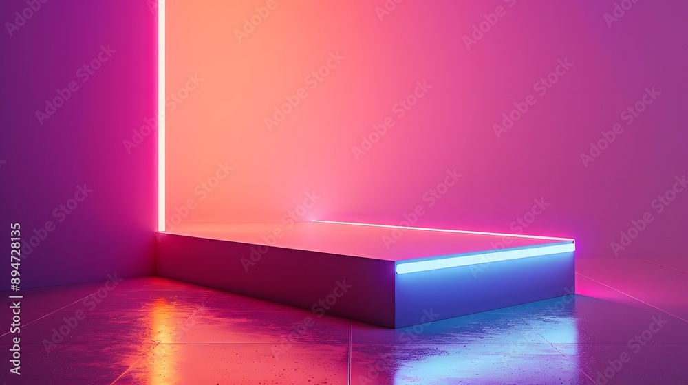 A modern showcase with vibrant neon lighting highlights, perfect for showcasing products or artistic displays in a unique setting. A modern showcase with vibrant neon lighting highlights, perfect for showcasing products or artistic displays in a unique setting.