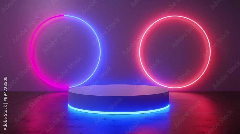 Obraz premium A vibrant display featuring a circular platform illuminated by neon pink and blue lights, perfect for modern presentations.