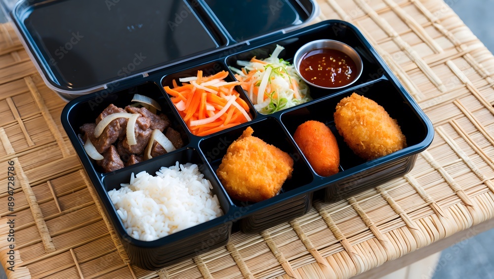 Bento box containing rice, beef teriyaki, salad and dressing, and fried snacks. Generative AI. Bento box containing rice, beef teriyaki, salad and dressing, and fried snacks. Generative AI.