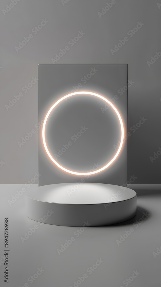 An elegant minimalistic setup featuring a glowing circular design against a grey backdrop, perfect for modern art showcases. An elegant minimalistic setup featuring a glowing circular design against a grey backdrop, perfect for modern art showcases.