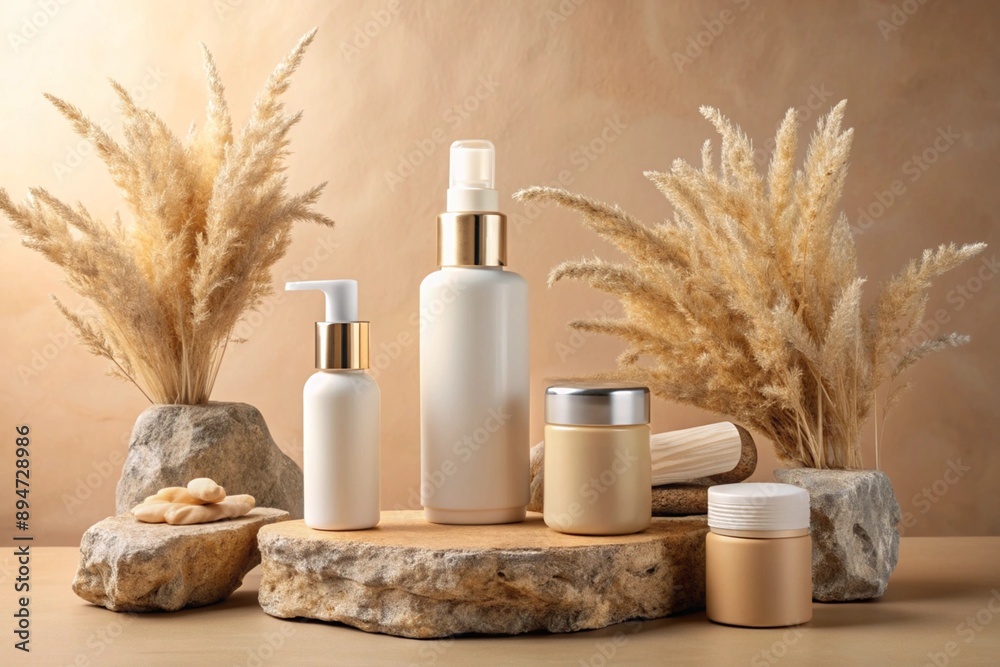 Labels mockup for skincare beauty products: Cosmetic bottles placed on beige stones with dry pampas grass on light beige background Labels mockup for skincare beauty products: Cosmetic bottles placed on beige stones with dry pampas grass on light beige background