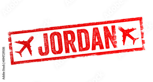 Jordan - is a country in the Southern Levant region of West Asia, text emblem stamp with airplane