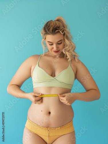 A woman is holding a tape measure around her waist