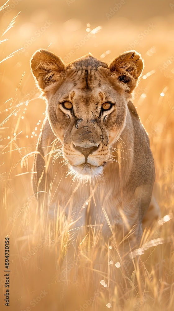 Intense Lioness Crouching in Golden Grass Ready to Pounce Intense Lioness Crouching in Golden Grass Ready to Pounce