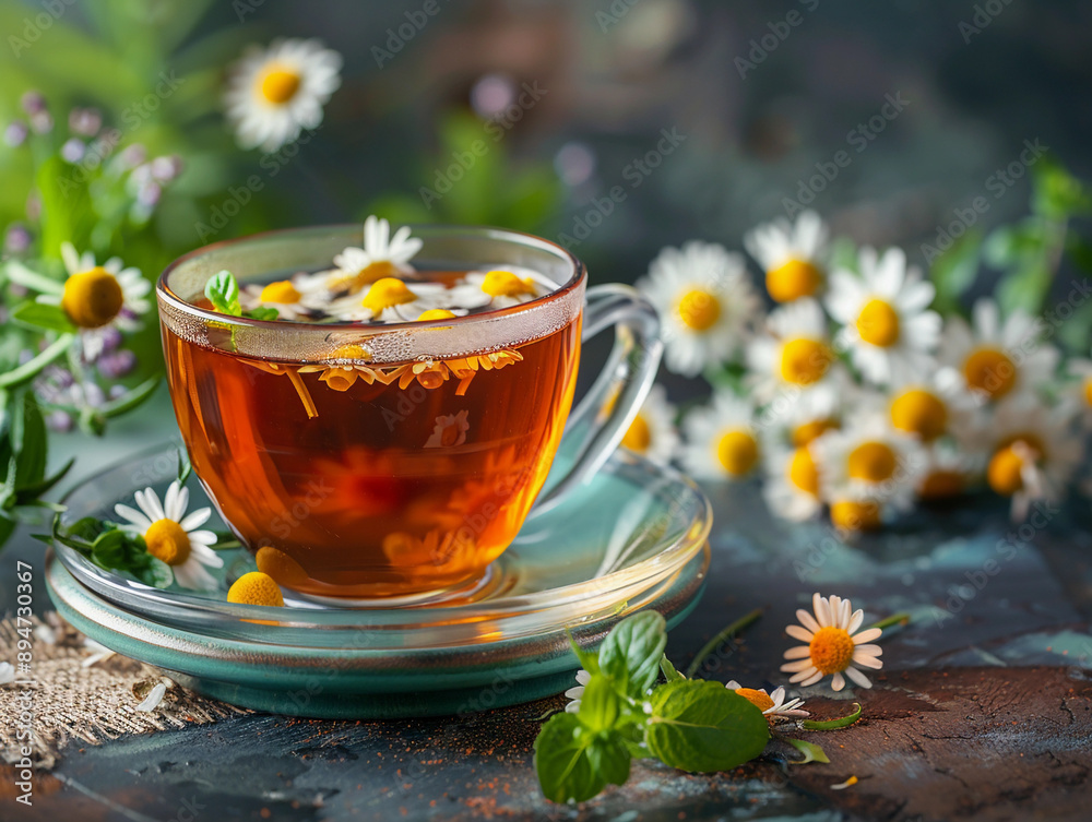 A Cup of Freshly Brewed Chamomile Tea With Flowers on a Rustic Table A Cup of Freshly Brewed Chamomile Tea With Flowers on a Rustic Table