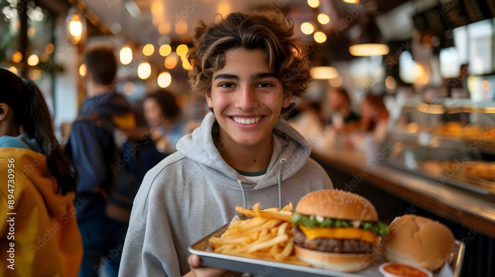A smiling teen enjoying a delicious burger and fries at a busy diner. The tray is filled with a juicy cheeseburger, crispy french fries, and dipping sauce.