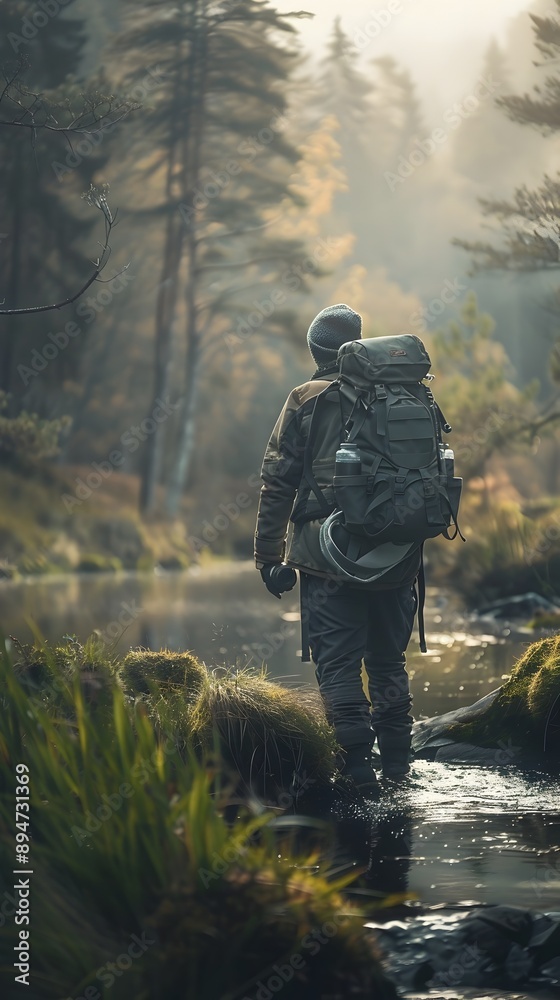 Lone Adventurer Explores Serene Natural Wilderness with Gear Lone Adventurer Explores Serene Natural Wilderness with Gear