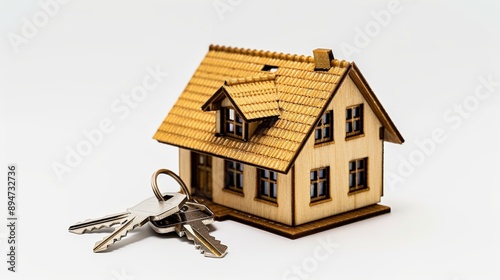 Wooden House Model with Keys on White Background Representing New Home Ownership and Real Estate