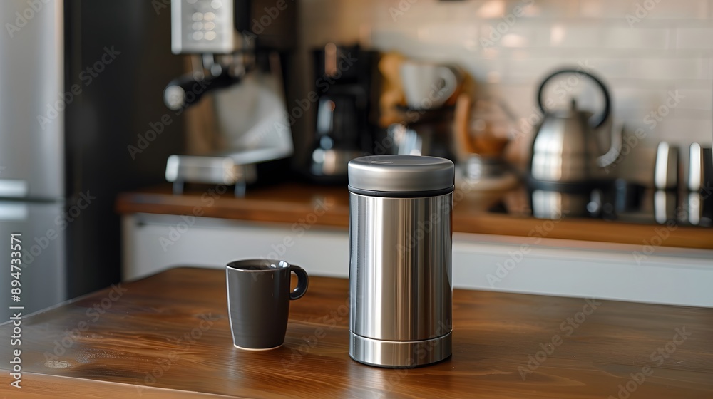 Coffee Canister: A metal coffee canister with no label next to a coffee maker.
Coffee Canister: A metal coffee canister with no label next to a coffee maker.