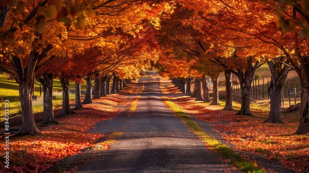 Naklejka premium Autumnal Road lined with Maple Trees