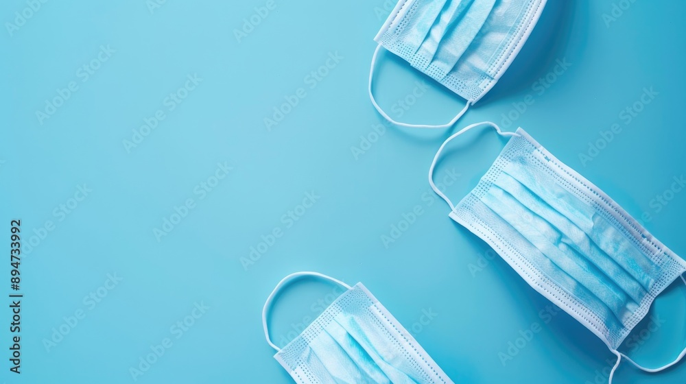 Medical face masks on blue background with space for text Medical face masks on blue background with space for text