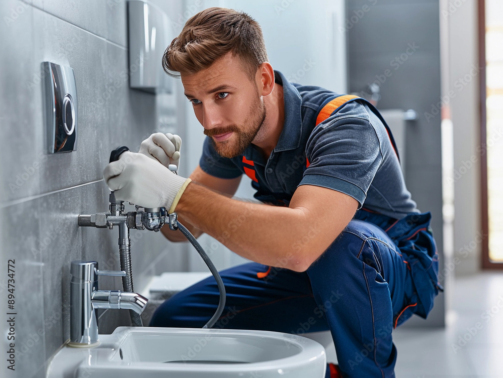 Plumber Installing Bathroom Fixtures in Modern Bathroom Plumber Installing Bathroom Fixtures in Modern Bathroom