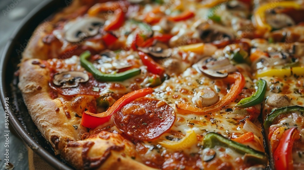Close-Up of Delicious Pizza with Pepperoni, Bell Peppers, Mushrooms, and Melted Cheese. Generative AI Close-Up of Delicious Pizza with Pepperoni, Bell Peppers, Mushrooms, and Melted Cheese. Generative AI
