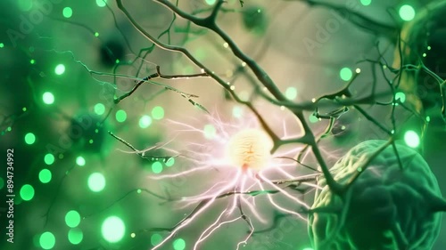 A detailed neural network visualization shows interconnected neurons and synapses glowing green, representing brain activity. The scene is ethereal, with bright lights illustrating synaptic photo