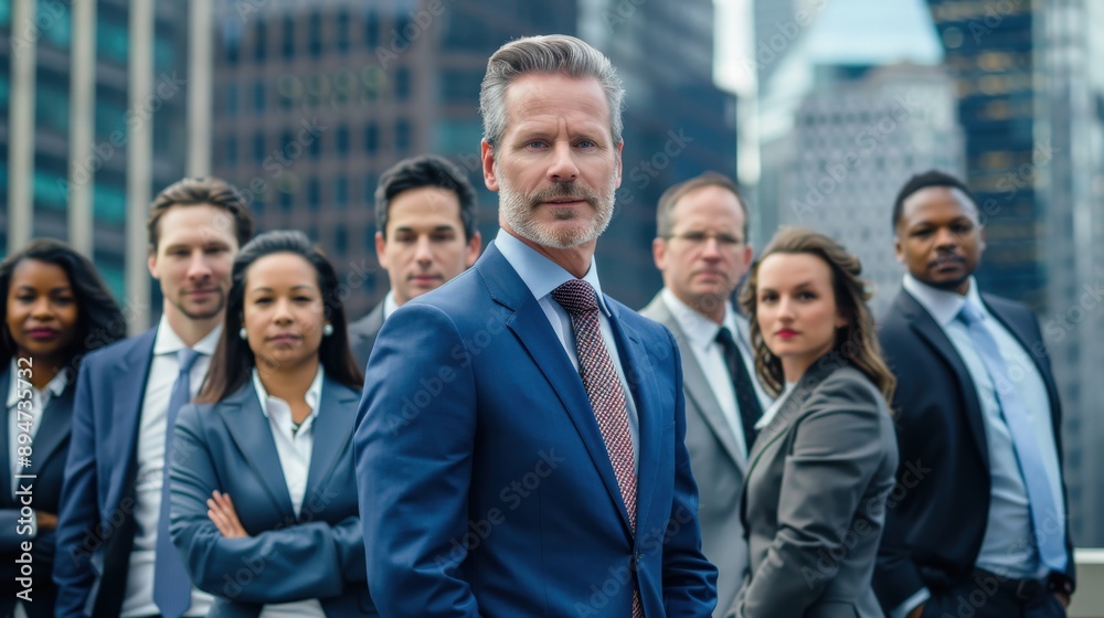 A group of men and women in suits are standing together in front of a building A group of men and women in suits are standing together in front of a building