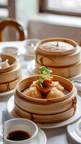 Delicious, fresh Dim Sum, beautiful serving, exquisite decor, light interior, staged professional photography, food photography