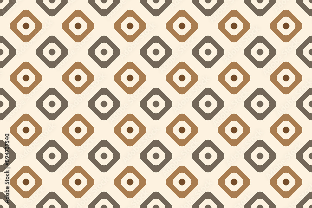 Seamless pattern of brown squares and brown dots. The boxes have different sizes and are arranged in boxes