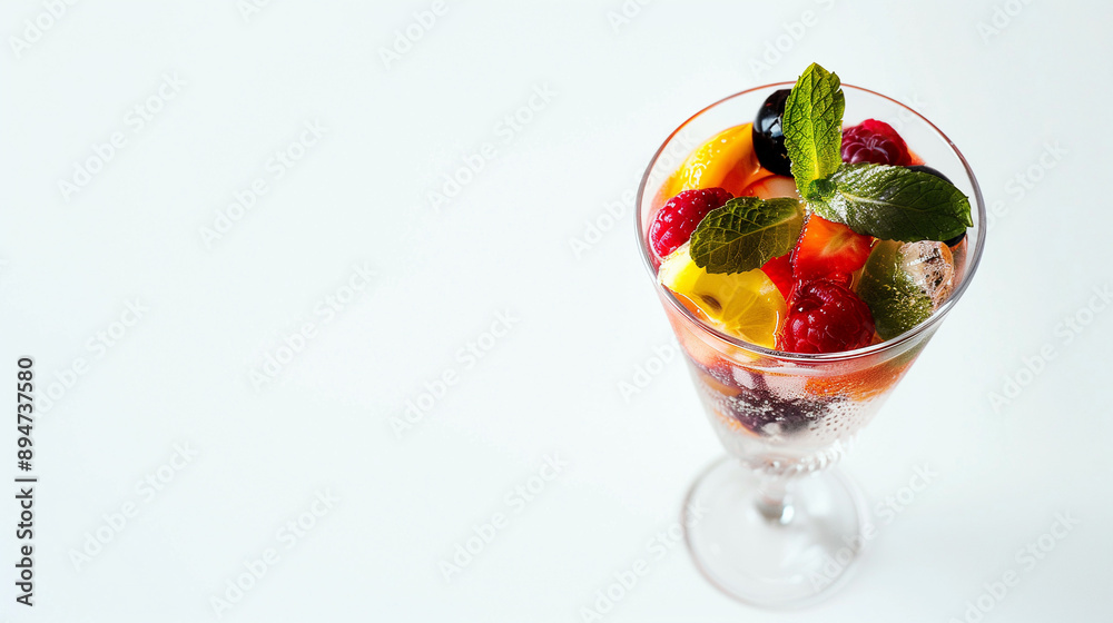 Fruit cocktail , fresh fruits and berries on white background, top view Fruit cocktail , fresh fruits and berries on white background, top view