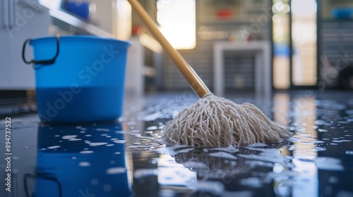 Obraz na płótnie Janitor cleaning up water damage on floor with mop w salonie