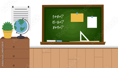 Chalkboard with math problems, globe, and school supplies in a classroom setting. Schoolroom empty study with blackboard. Education in elementary school.