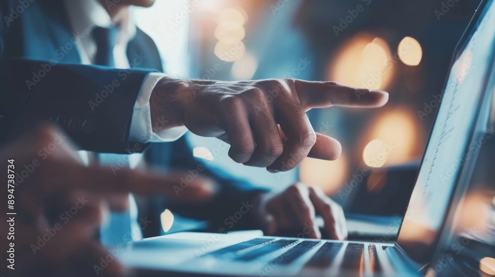 Serious businessman pointing at laptop discussing company software with coworkers in office Serious businessman pointing at laptop discussing company software with coworkers in office