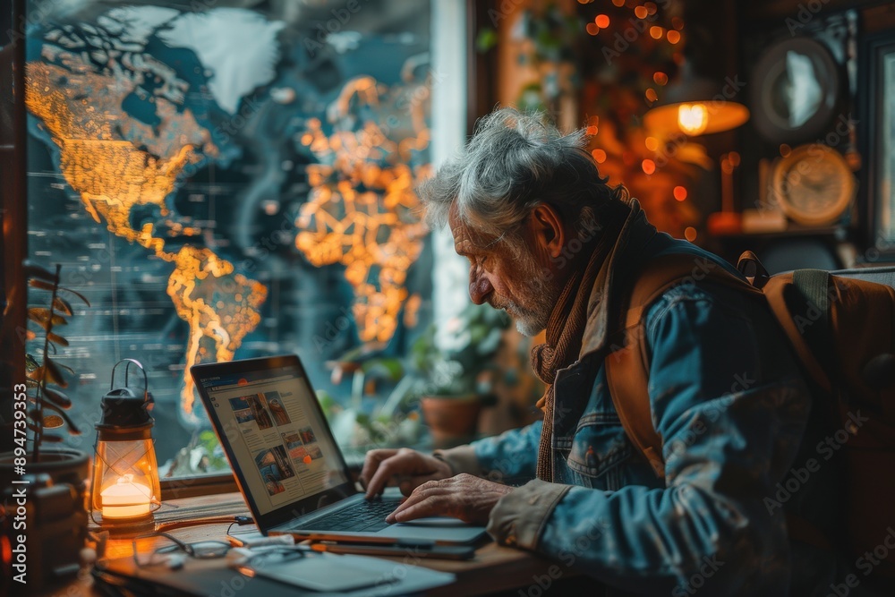 The image captures someone engaged on a laptop in a cozy cafe, with a large world map on the window in the background, creating an inspiring and warm setting. The image captures someone engaged on a laptop in a cozy cafe, with a large world map on the window in the background, creating an inspiring and warm setting.