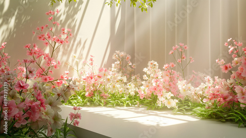A indoor setting, dominated by soft pastel colors. A large, rectangular, light-colored wall serves as the backdrop, with sunlight streaming in, casting gentle shadows