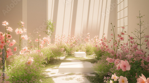 A indoor setting, dominated by soft pastel colors. A large, rectangular, light-colored wall serves as the backdrop, with sunlight streaming in, casting gentle shadows