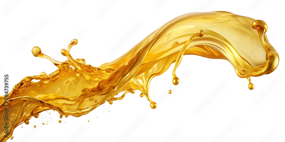 Fototapeta premium A wave of liquid gold, a splash of a golden stream, a whirlwind or a spill pouring oil. Whirlpool of precious water or cosmetics with flow wave. Liquid substance. Isolated on transparent background.