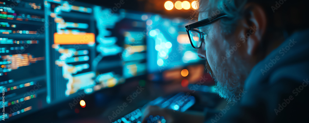 A programmer working with code on a dual monitor setup, illustrating ...