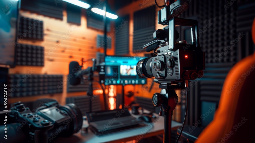 A professional video camera is mounted on a tripod and positioned in front of a computer monitor, with soundproofing panels and lighting equipment visible in the background. A professional video camera is mounted on a tripod and positioned in front of a computer monitor, with soundproofing panels and lighting equipment visible in the background.
