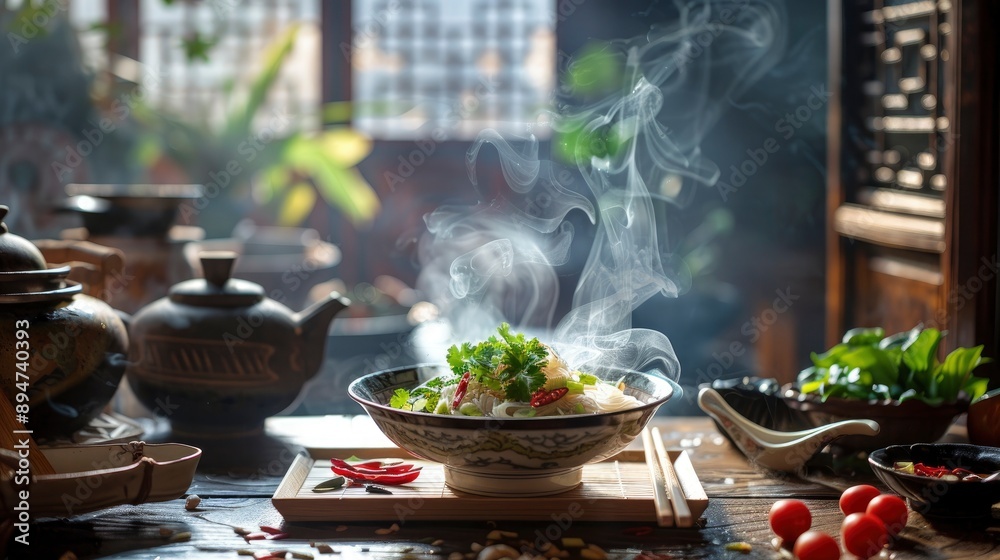 Delicious, fresh Pho, beautiful serving, exquisite decor, light interior, staged professional photography, food photography Delicious, fresh Pho, beautiful serving, exquisite decor, light interior, staged professional photography, food photography