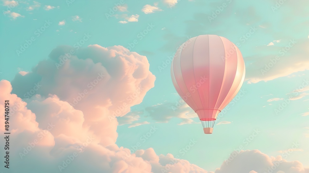 Naklejka premium Cute 3D Air Balloon Floating in Pastel Sky,Whimsical Travel Adventure Minimal Render
