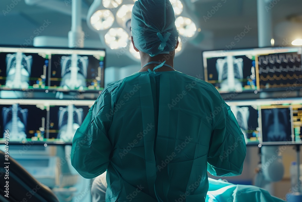 In the operating room, an urban male doctor in green is holding two X-ray images of patient spines on three large monitors and examining them carefully. The entire scene has been captured from behind, In the operating room, an urban male doctor in green is holding two X-ray images of patient spines on three large monitors and examining them carefully. The entire scene has been captured from behind,