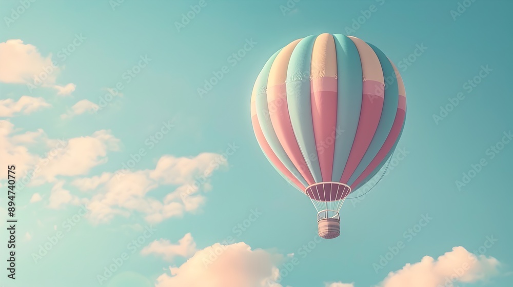 Fototapeta premium Whimsical 3D air balloon floating in pastel sky,travel adventure concept