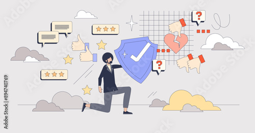 Reputation management with PR service tiny person neubrutalism concept. Feedback and satisfaction organization with good positive reviews highlighting and hiding negative opinions vector illustration